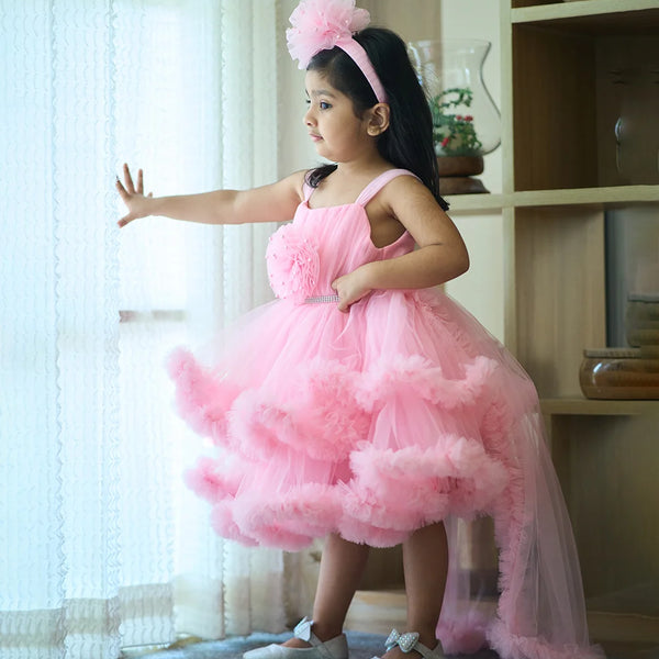 Pink birthday frock for girls, wine color with sequin bow and pleated yoke, Jaipur