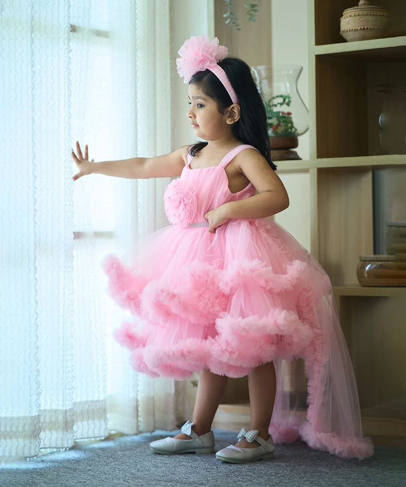 Pink birthday frock for girls, wine color with sequin bow and pleated yoke, Jaipur