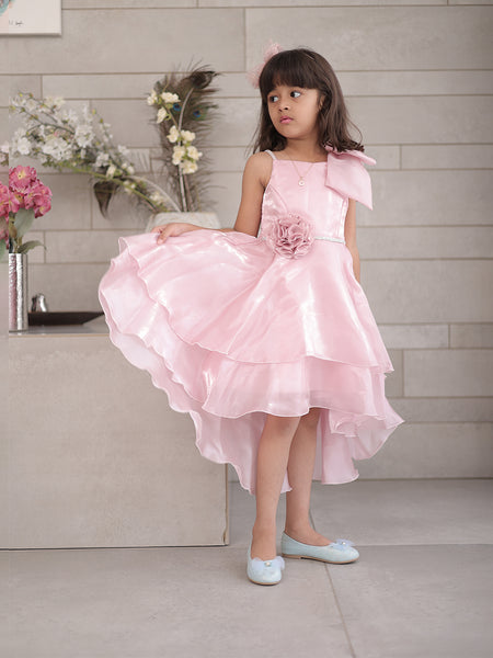 Pink birthday frock for girls with large bow, Jaipur kidswear showroom