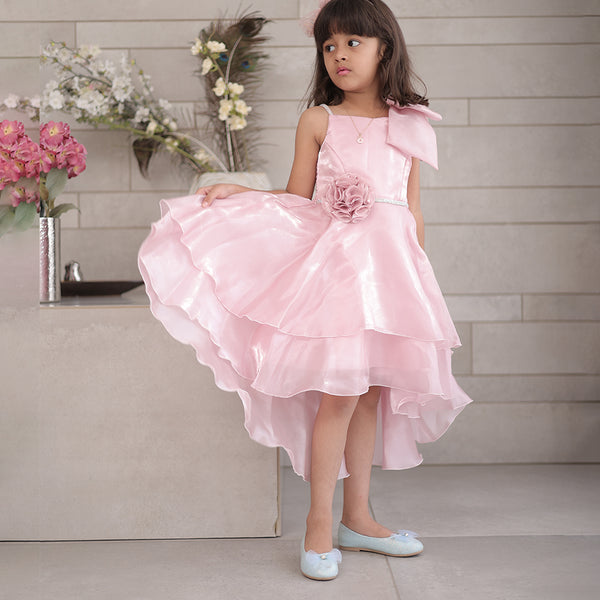 Pink birthday frock for girls with large bow, Jaipur kidswear showroom
