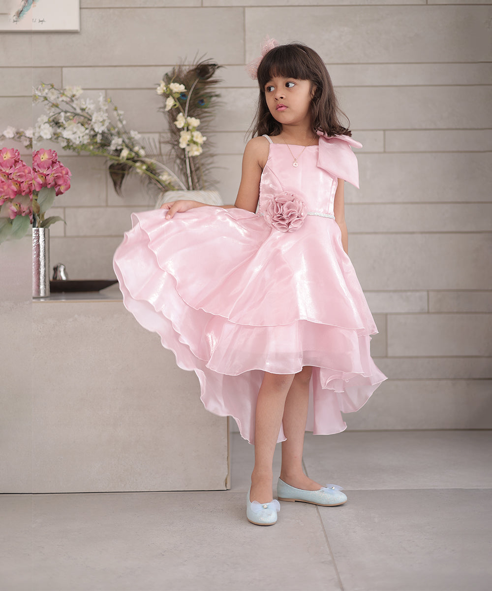 Pink birthday frock for girls with large bow, Jaipur kidswear showroom