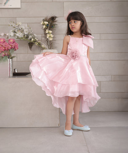 Pink birthday frock for girls with large bow, Jaipur kidswear showroom