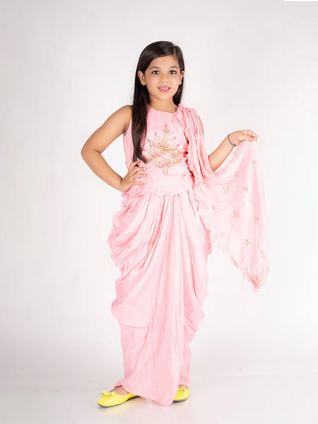 Pink crop top dhoti dress for girls, readymade lehenga for kids in Jaipur, wedding partywear