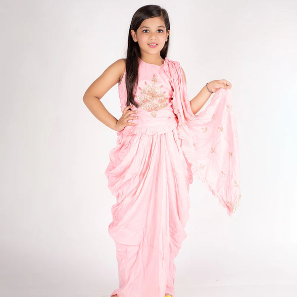 Pink crop top dhoti dress for girls, readymade lehenga for kids in Jaipur, wedding partywear