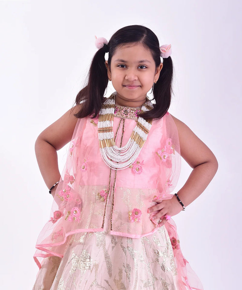 beautiful pink & cream gown with floral work for girls 