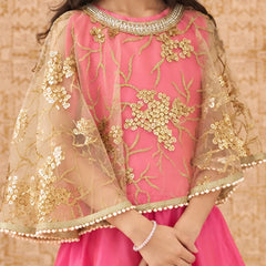A child wearing a pink traditional outfit with a sheer gold embroidered cape-style top and a bright pink skirt, posed against a patterned beige background.