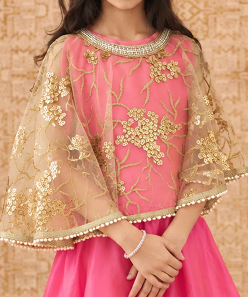 A child wearing a pink traditional outfit with a sheer gold embroidered cape-style top and a bright pink skirt, posed against a patterned beige background.