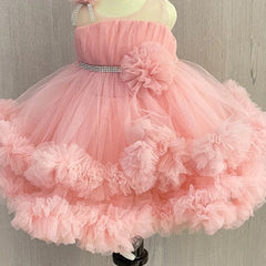 Pink Colored birthday wear frock that comes with a fancy belt attached on the waist and a beautiful floral detailing. 