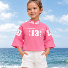 Girls' pink high neck 3/4 sleeve crop top, front view, by Devils N Angels Jaipur