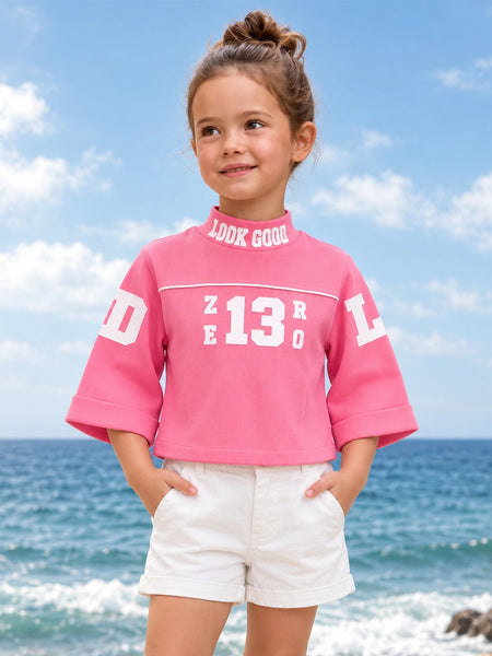 Girls' pink high neck 3/4 sleeve crop top, front view, by Devils N Angels Jaipur