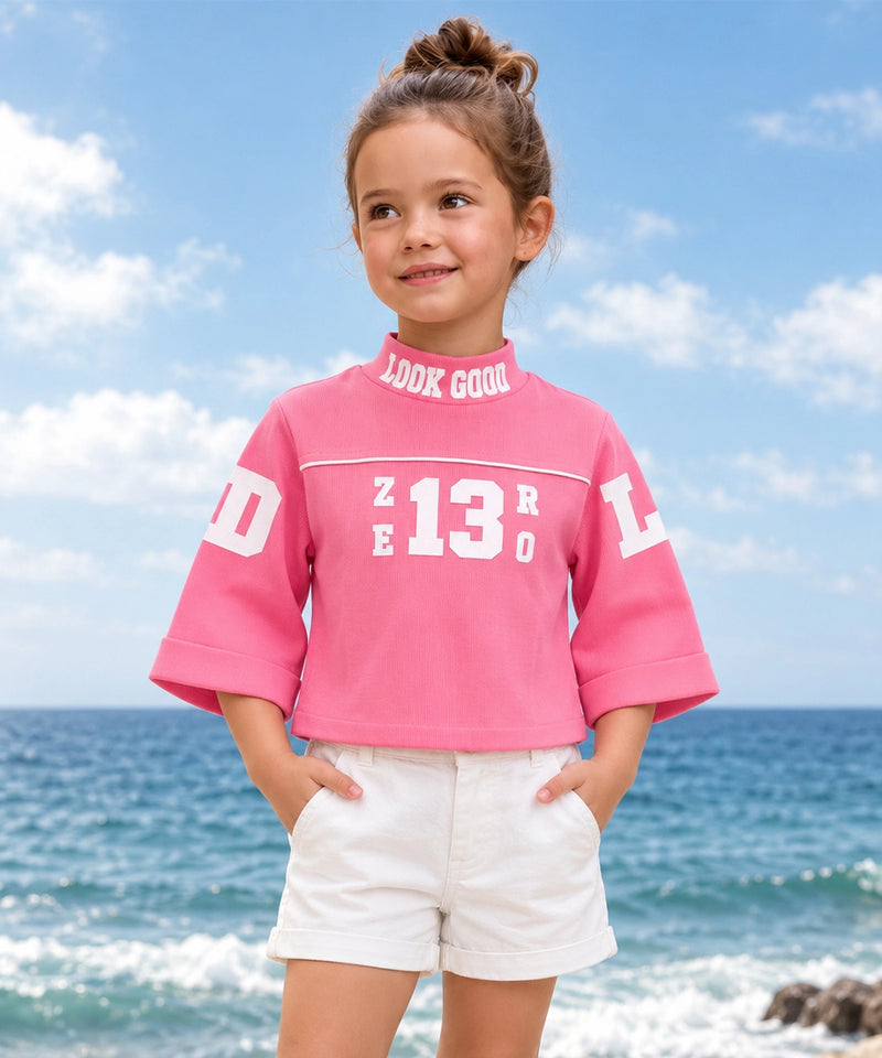 Girls' pink high neck 3/4 sleeve crop top, front view, by Devils N Angels Jaipur