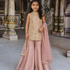 A young girl models a traditional Indian salwar kameez suit in dusty pink and gold. The set includes a sleeveless gold-embroidered kameez top, matching wide-leg pink trousers, and a sheer pink dupatta draped over her arm.