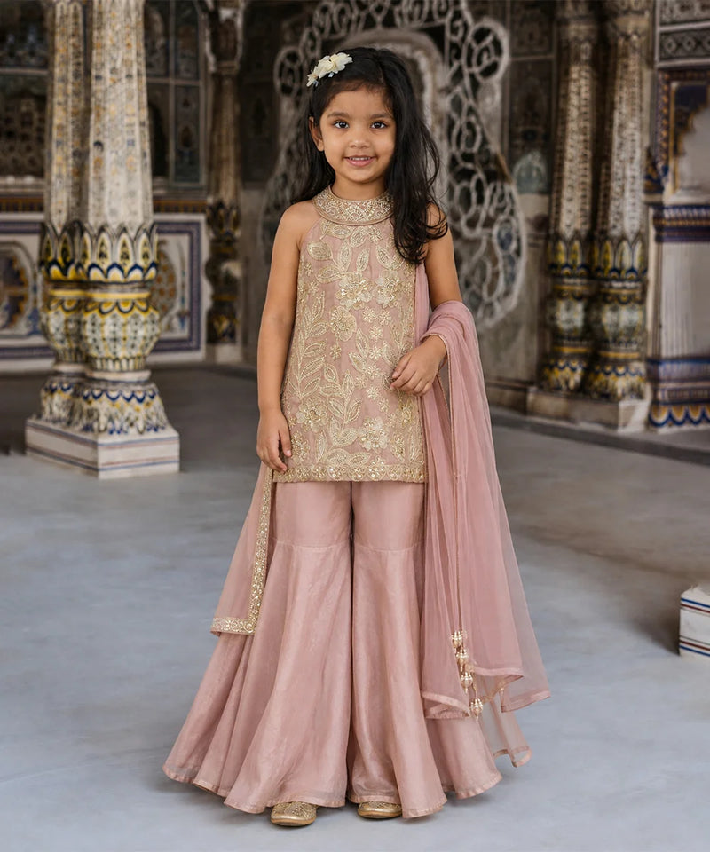 A young girl models a traditional Indian salwar kameez suit in dusty pink and gold. The set includes a sleeveless gold-embroidered kameez top, matching wide-leg pink trousers, and a sheer pink dupatta draped over her arm.