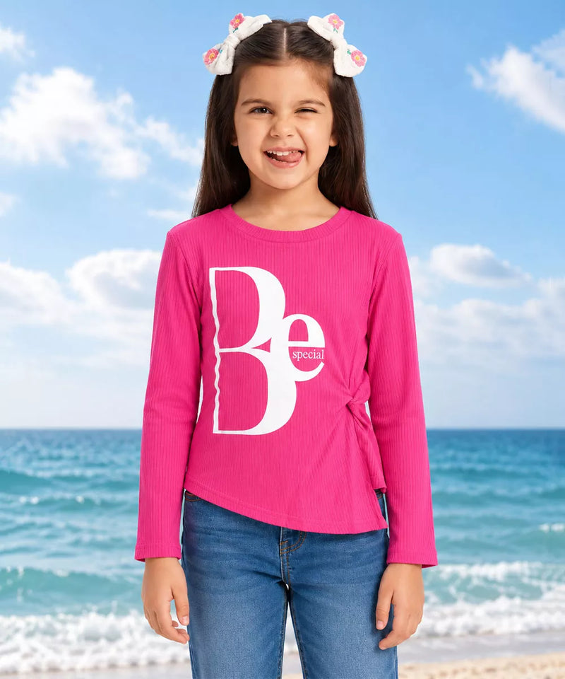 Girls' neon pink full sleeve crop top, front view, party wear by Devils N Angels Jaipur
