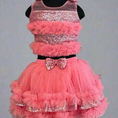 shimmery pink skirt top set with a bag for baby girls 