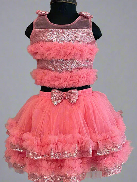 shimmery pink skirt top set with a bag for baby girls 