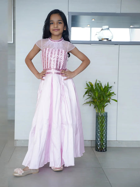 Pink party wear gown for girls with shimmer sequin work, Jaipur kids fashion