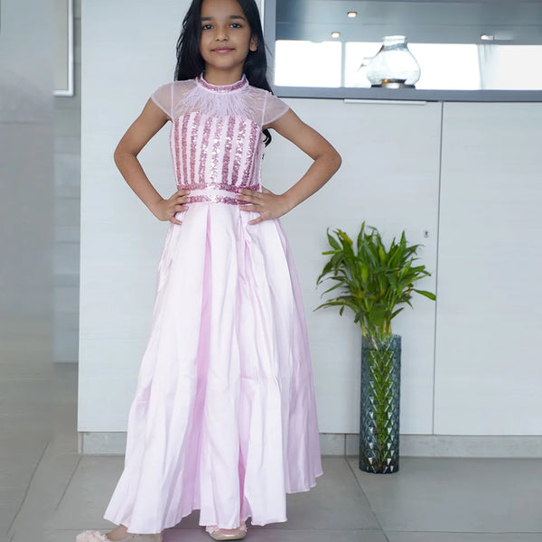 Pink party wear gown for girls with shimmer sequin work, Jaipur kids fashion
