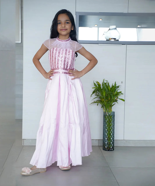Pink party wear gown for girls with shimmer sequin work, Jaipur kids fashion