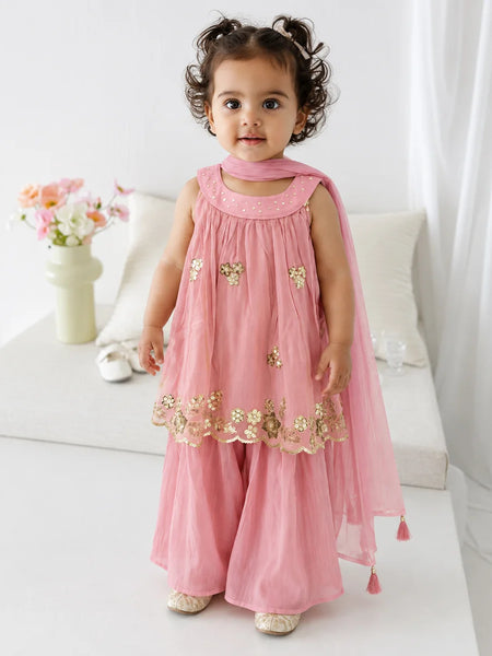 A toddler girl wearing a pink traditional outfit with gold floral embroidery and a matching pink dupatta, standing in a bright indoor setting.