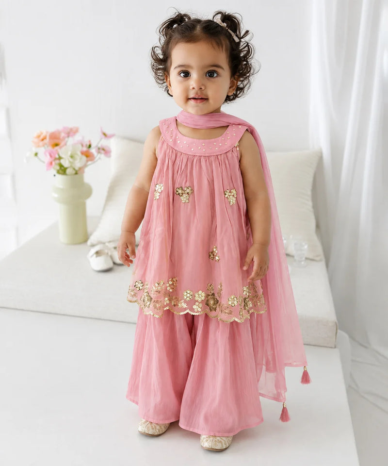 A toddler girl wearing a pink traditional outfit with gold floral embroidery and a matching pink dupatta, standing in a bright indoor setting.