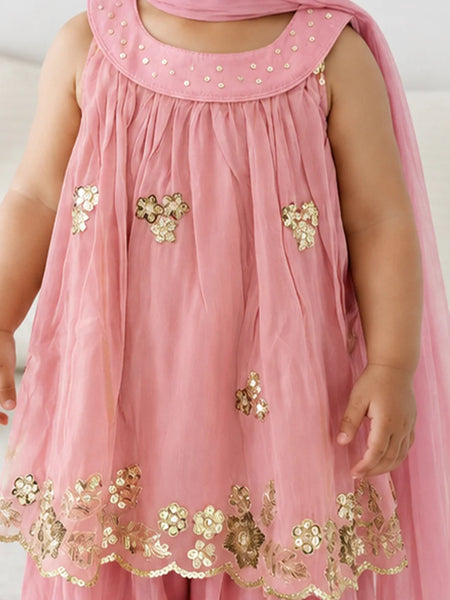 Girls' pink sharara with gold floral sequins, view 2