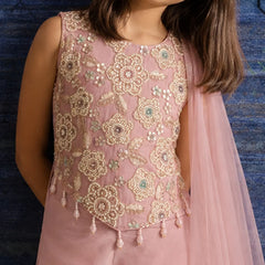 A child wearing a sleeveless dusty pink traditional outfit with intricate gold floral embroidery and beadwork, paired with a sheer pink dupatta, set against a dark blue textured background.