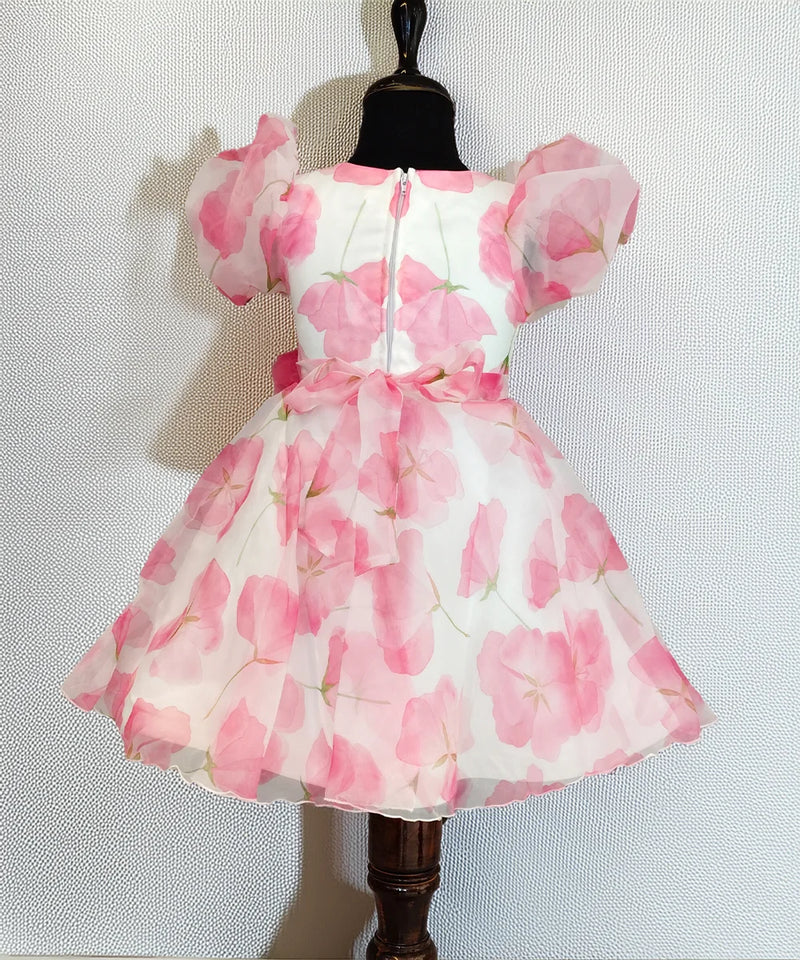 Pretty pink flower print party frock for baby girls, best kidswear shop Jaipur