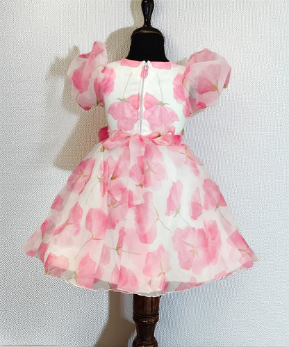 Pretty pink flower print party frock for baby girls, best kidswear shop Jaipur