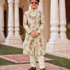 Boys' printed embroidered sherwani with pista green trousers