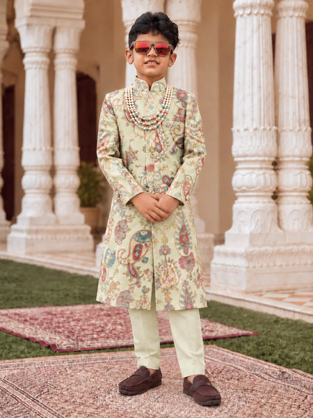 Boys' printed embroidered sherwani with pista green trousers