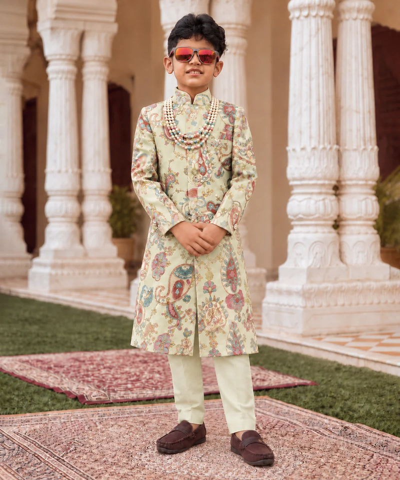 Boys' printed embroidered sherwani with pista green trousers