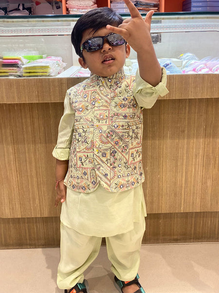 Pista green embroidered boys kurta pyjama set with waistcoat Jaipur
