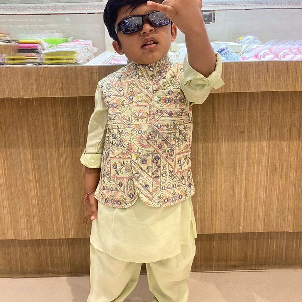 Pista green embroidered boys kurta pyjama set with waistcoat Jaipur