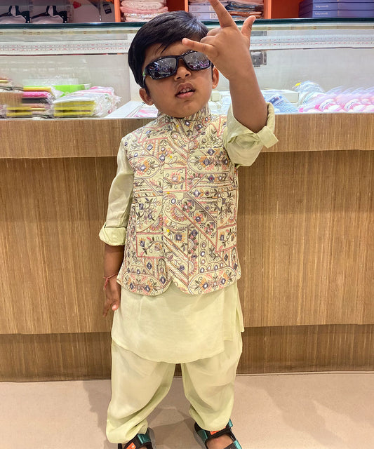 Pista green embroidered boys kurta pyjama set with waistcoat Jaipur