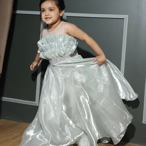 Pista green party wear gown for girls, pleated yoke, Jaipur kids fashion