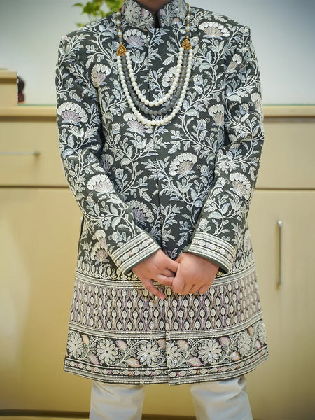 Classic designer sherwani for kids, matching pyjama and necklace, Jaipur shop