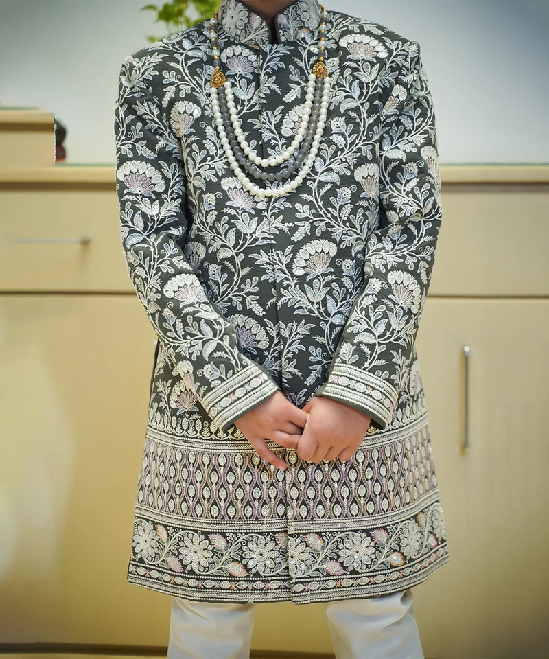Classic designer sherwani for kids, matching pyjama and necklace, Jaipur shop