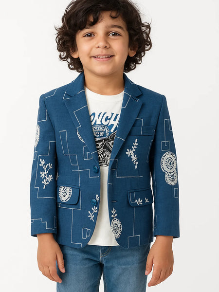 Child wearing a blue patterned blazer over a white shirt with text on a white background