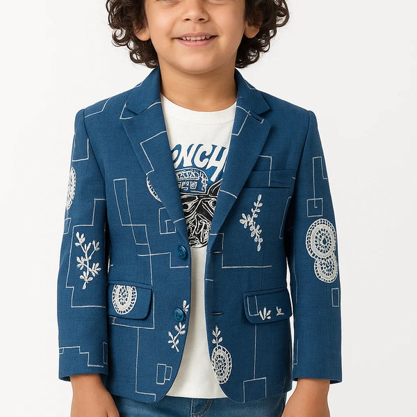 Child wearing a blue patterned blazer over a white shirt with text on a white background