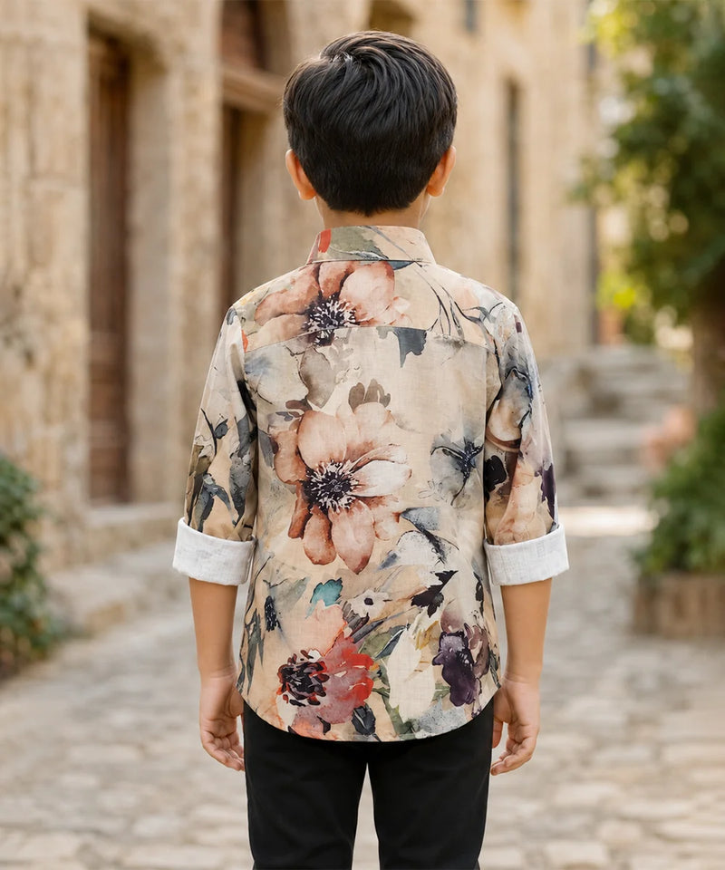 Boys Cream Printed Shirt For Party
