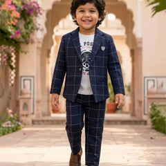 Boys Navy Blue Checkered Formal Blazer Suit | Jaipur