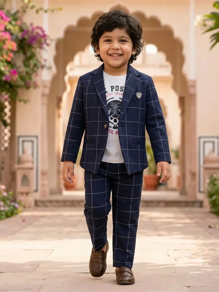 Boys Navy Blue Checkered Formal Blazer Suit | Jaipur