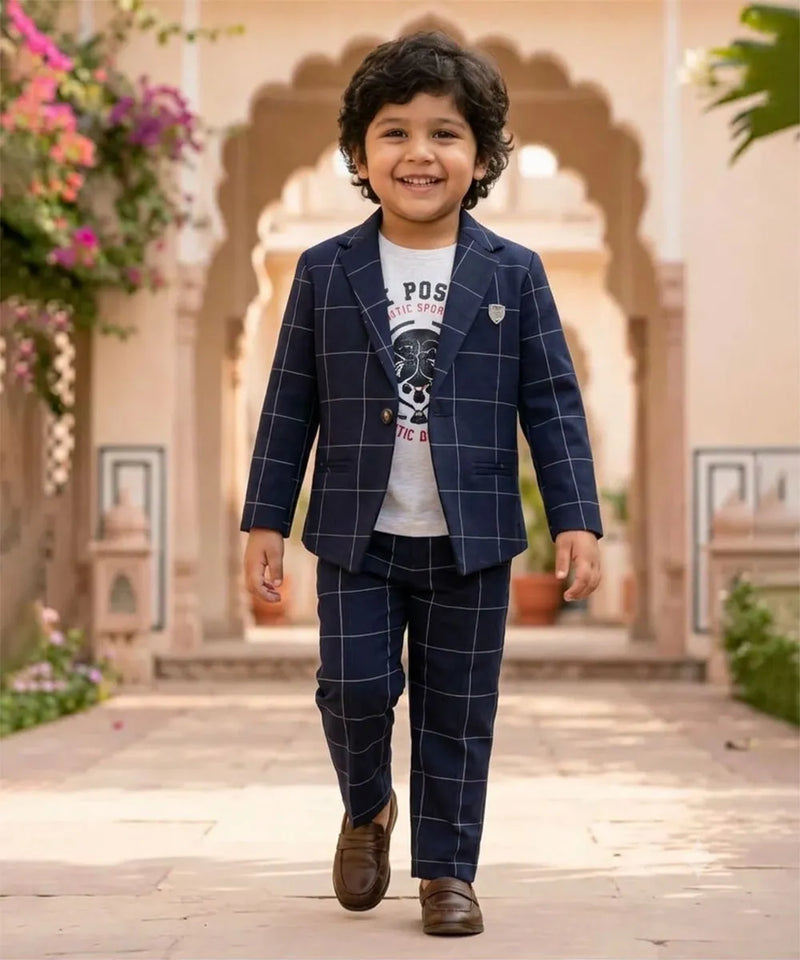 Boys Navy Blue Checkered Formal Blazer Suit | Jaipur