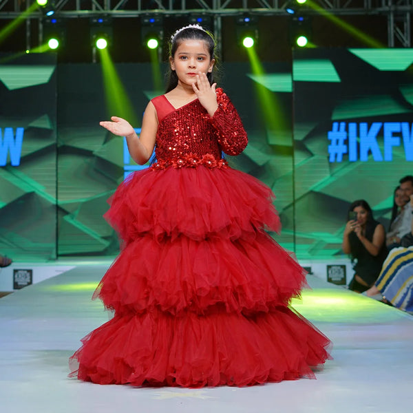 Princess ball gown frill design, maroon layered gown, Jaipur kidswear
