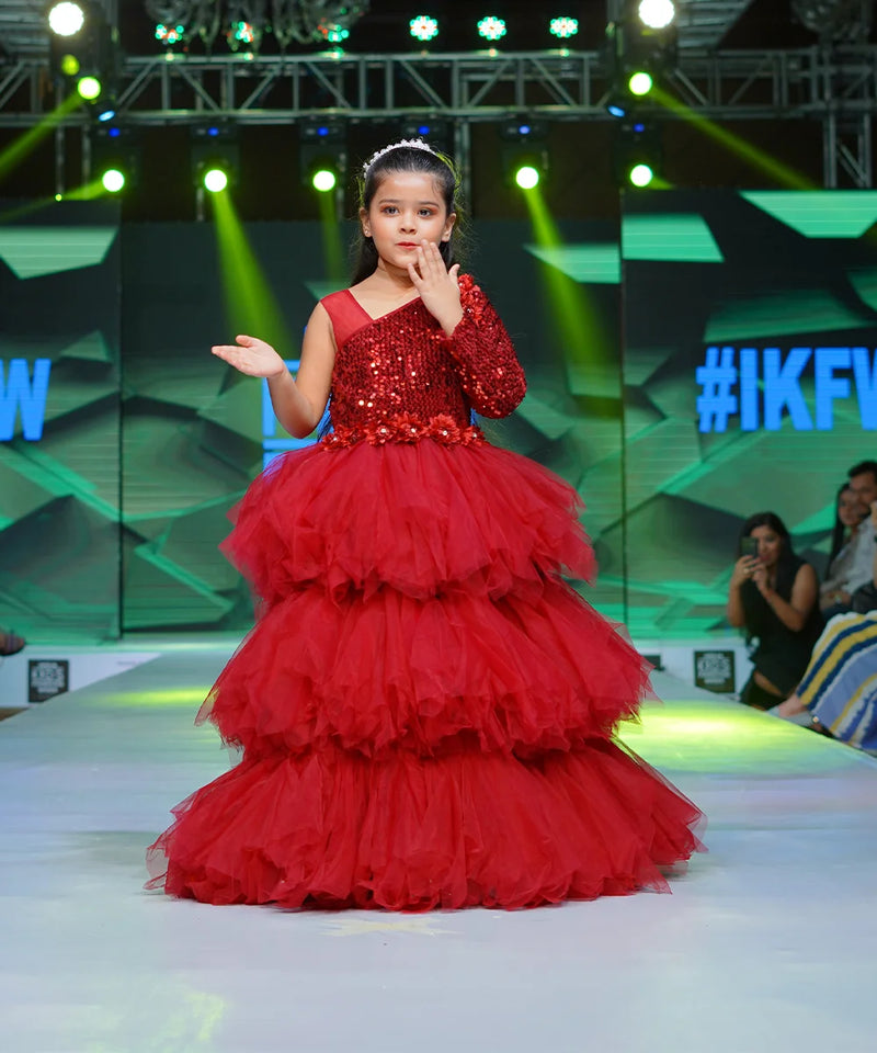 Princess ball gown frill design, maroon layered gown, Jaipur kidswear