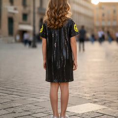 A young girl viewed from behind wearing a short-sleeved black sequined dress with yellow smiley face patches on the shoulders, standing on a cobblestone street in an outdoor urban setting.