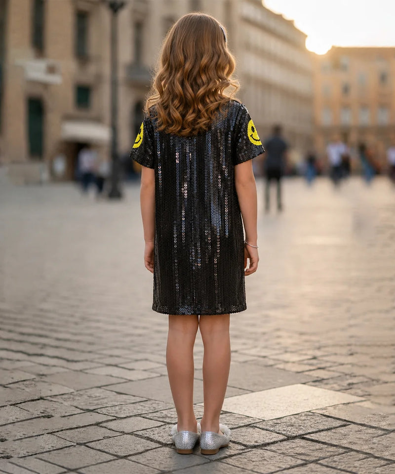 A young girl viewed from behind wearing a short-sleeved black sequined dress with yellow smiley face patches on the shoulders, standing on a cobblestone street in an outdoor urban setting.