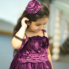 beautiful wine showstopper dress for girls with hair accessories