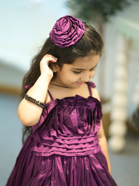 beautiful wine showstopper dress for girls with hair accessories